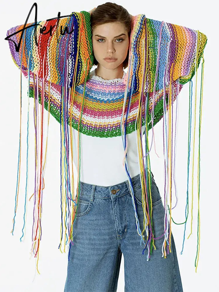 Women Rainbow Fringe Weaving Sweater Geometric Pattern Long Sleeves Pullover Sexy Fashion Resort Style Loose Fitting Outerwear Aiertu