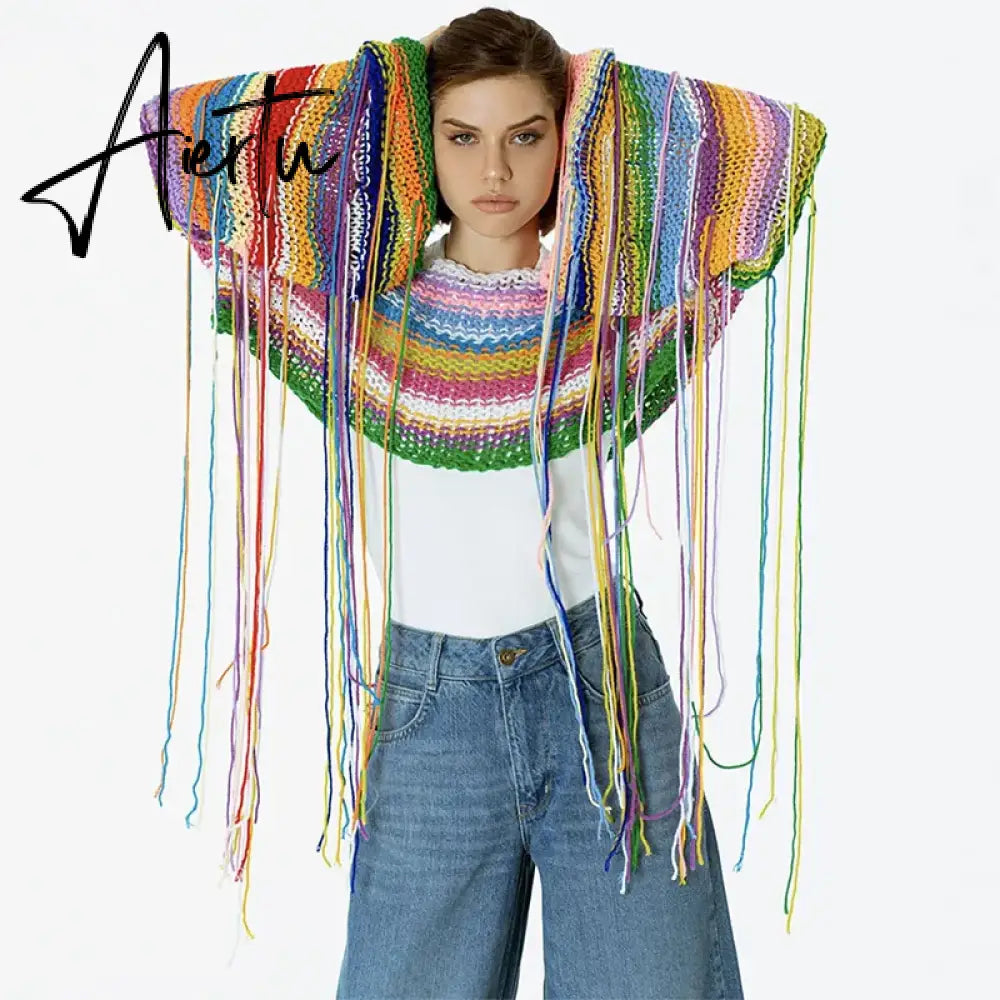 Women Rainbow Fringe Weaving Sweater Geometric Pattern Long Sleeves Pullover Sexy Fashion Resort Style Loose Fitting Outerwear Aiertu