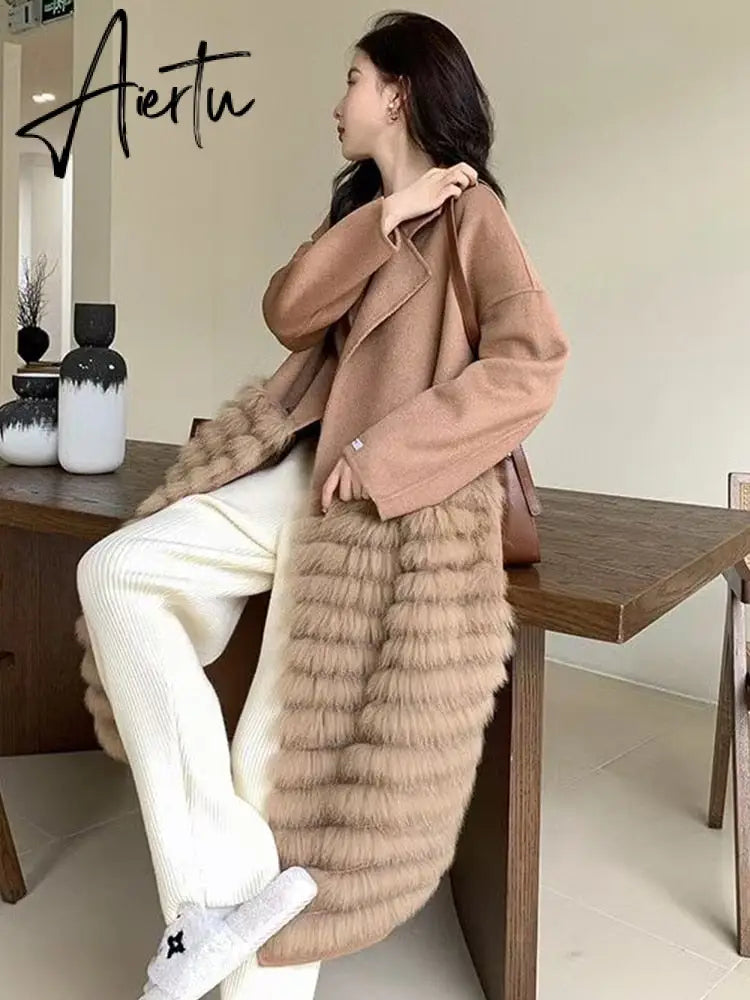 Women Real Fox Fur Collar Woolen Outerwear Female Autumn Long Oversize Loose Woolen Coat Beautiful Women's Clothes Aiertu