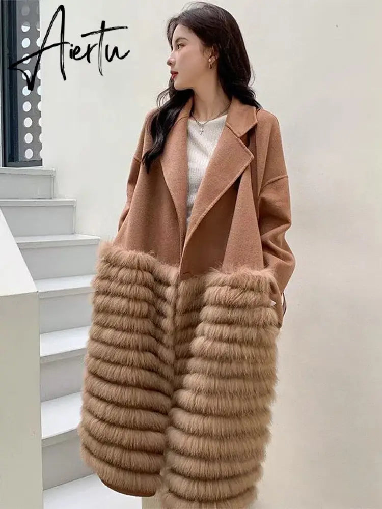 Women Real Fox Fur Collar Woolen Outerwear Female Autumn Long Oversize Loose Woolen Coat Beautiful Women's Clothes Aiertu