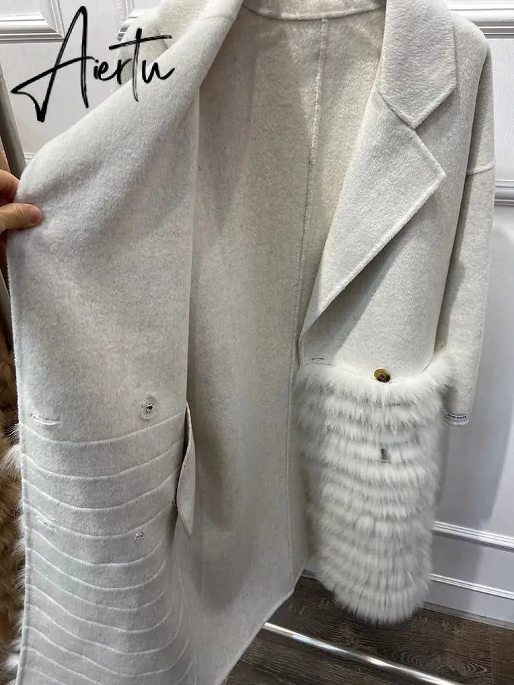 Women Real Fox Fur Collar Woolen Outerwear Female Autumn Long Oversize Loose Woolen Coat Beautiful Women's Clothes Aiertu