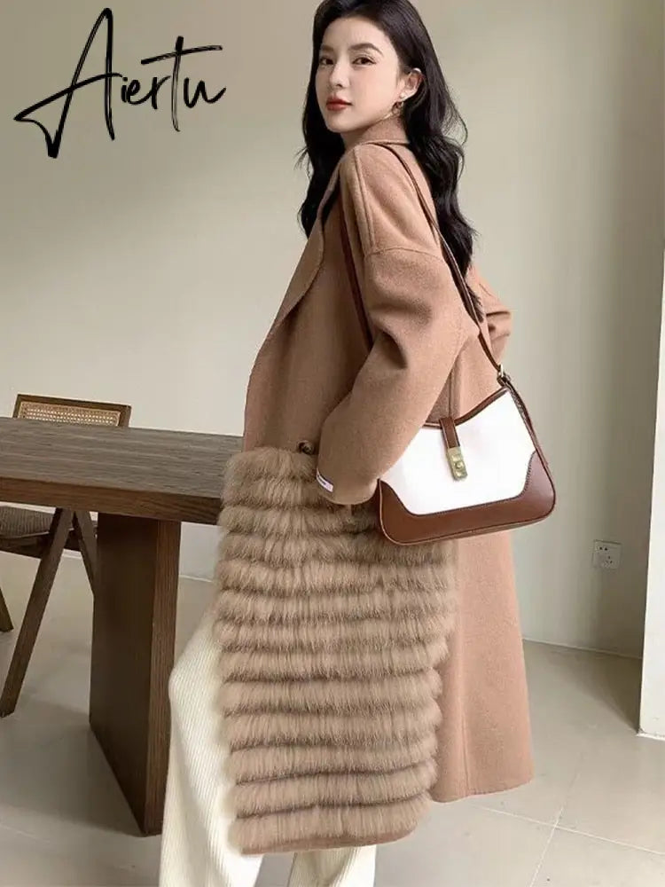 Women Real Fox Fur Collar Woolen Outerwear Female Autumn Long Oversize Loose Woolen Coat Beautiful Women's Clothes Aiertu