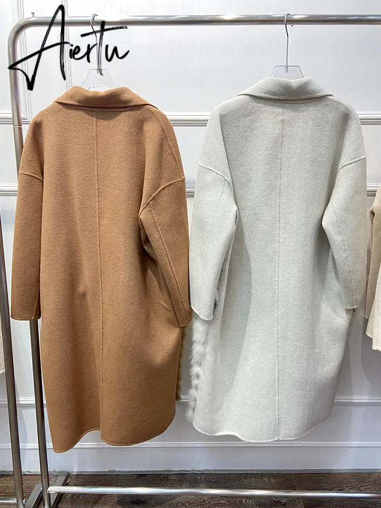 Women Real Fox Fur Collar Woolen Outerwear Female Autumn Long Oversize Loose Woolen Coat Beautiful Women's Clothes Aiertu