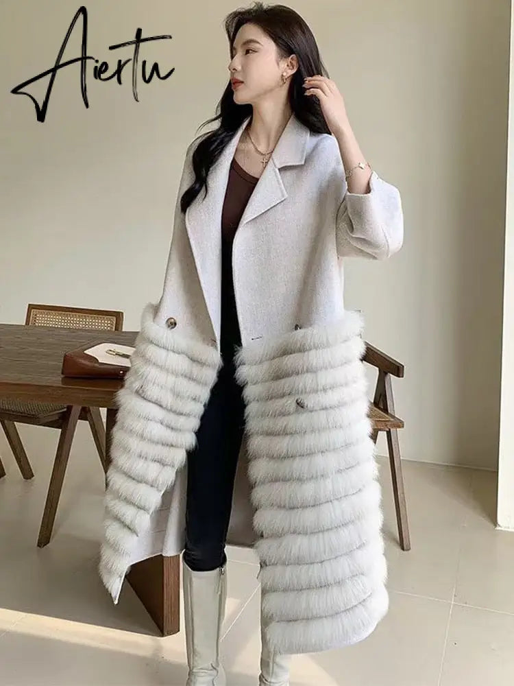 Women Real Fox Fur Collar Woolen Outerwear Female Autumn Long Oversize Loose Woolen Coat Beautiful Women's Clothes Aiertu