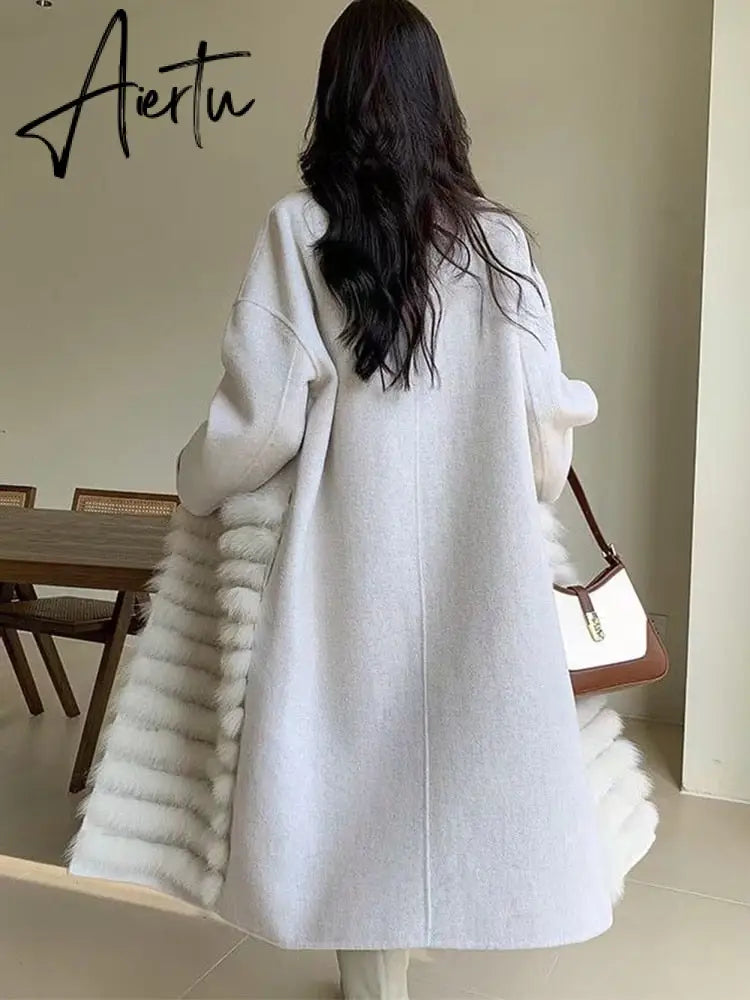 Women Real Fox Fur Collar Woolen Outerwear Female Autumn Long Oversize Loose Woolen Coat Beautiful Women's Clothes Aiertu
