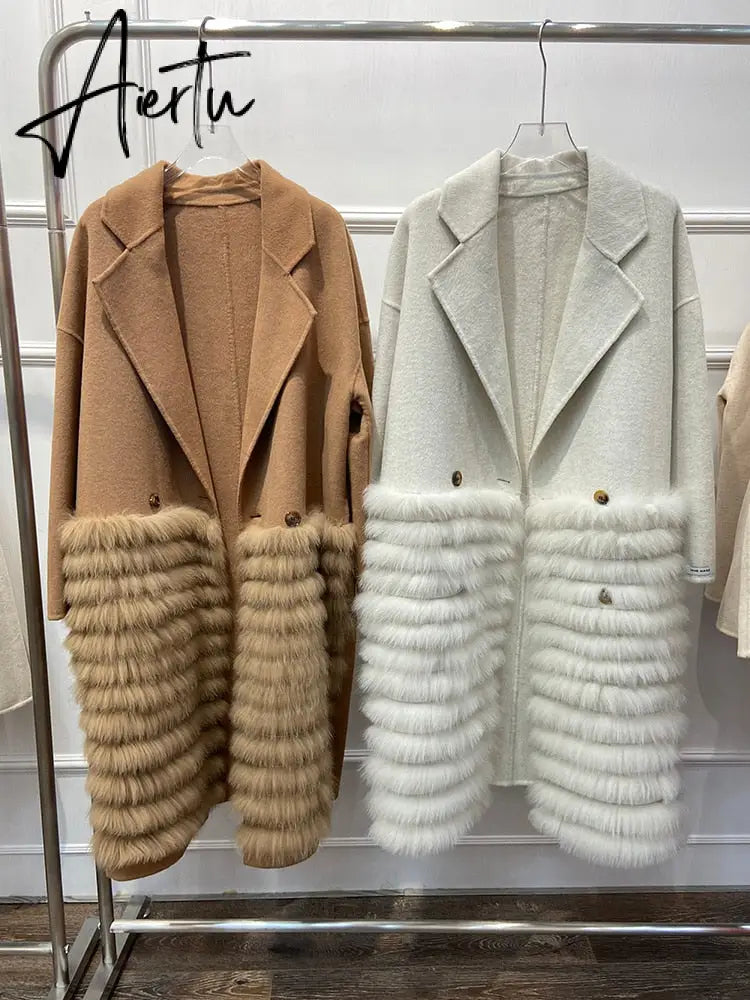 Women Real Fox Fur Collar Woolen Outerwear Female Autumn Long Oversize Loose Woolen Coat Beautiful Women's Clothes Aiertu