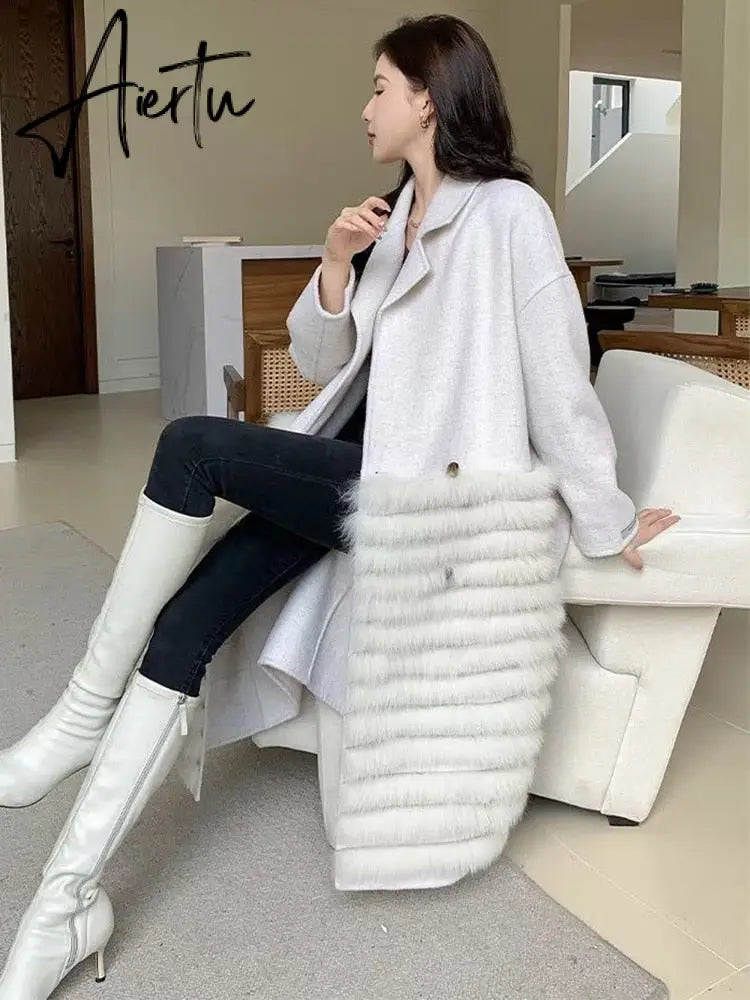 Women Real Fox Fur Collar Woolen Outerwear Female Autumn Long Oversize Loose Woolen Coat Beautiful Women's Clothes Aiertu