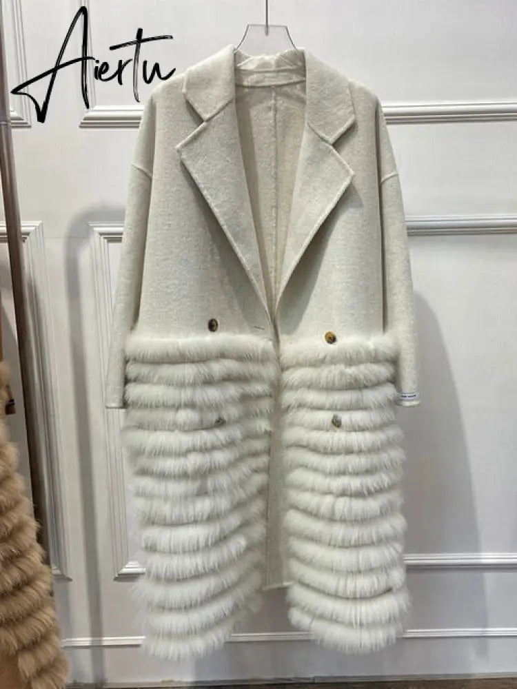 Women Real Fox Fur Collar Woolen Outerwear Female Autumn Long Oversize Loose Woolen Coat Beautiful Women's Clothes Aiertu