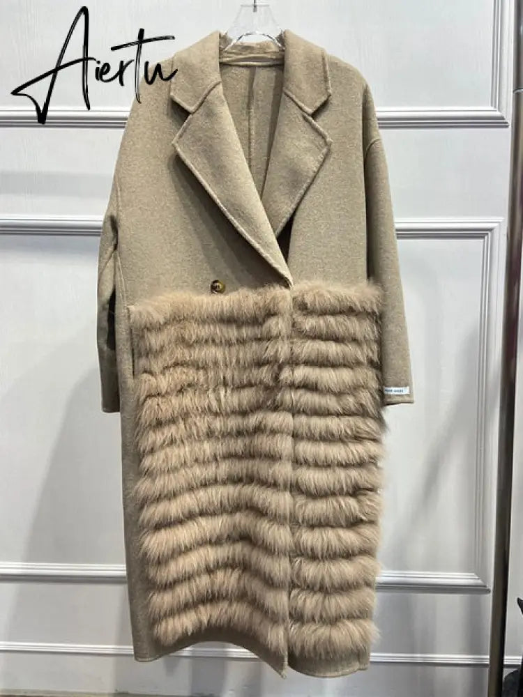 Women Real Fox Fur Collar Woolen Outerwear Female Autumn Long Oversize Loose Woolen Coat Beautiful Women's Clothes Aiertu