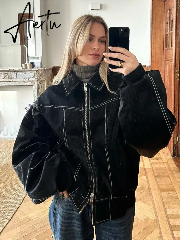 Aiertu Women Red Lapel Zipper Leather Cropped Coat Autumn Casual Long Sleeve Patchwork Jacket Winter Fashion New Office Streetwear Aiertu