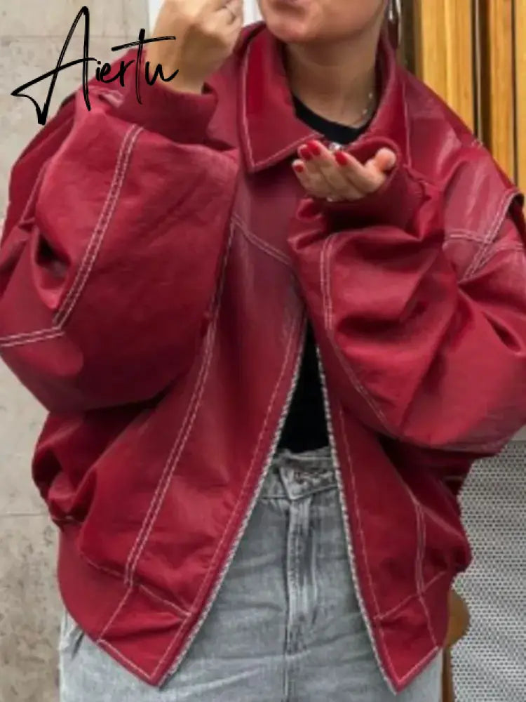 Aiertu Women Red Lapel Zipper Leather Cropped Coat Autumn Casual Long Sleeve Patchwork Jacket Winter Fashion New Office Streetwear Aiertu