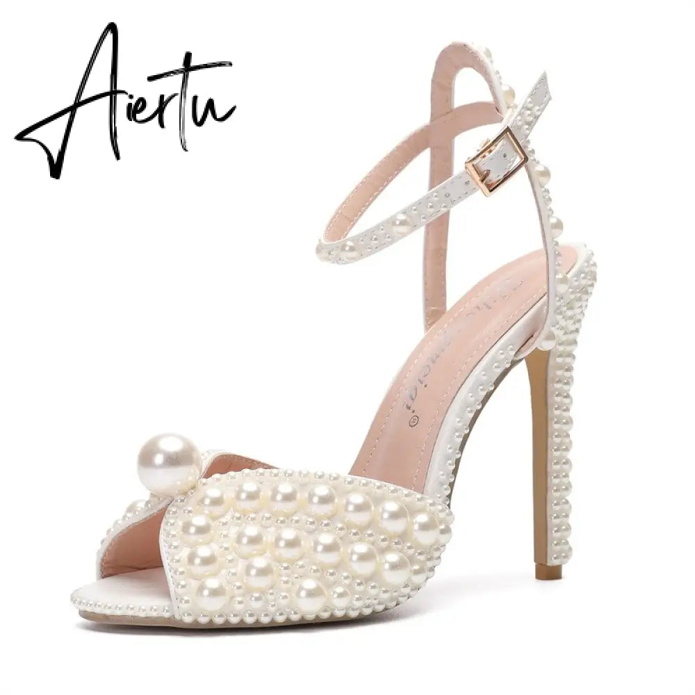 Women Sandals Fashion High Quality Wedding Shoes Women New Pearls Studs Luxury Peep Toe High Heels Buckle Woman Sandal 43 Aiertu