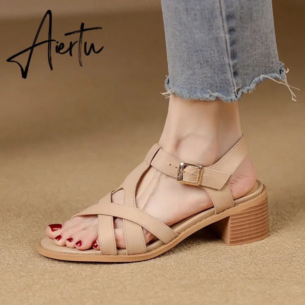 Women Sandals Thick Heels Genuine Leather Ankle Strap Shoes Woman Office Ladies Party Casual Golden Pumps Spring Summer Fashion Aiertu