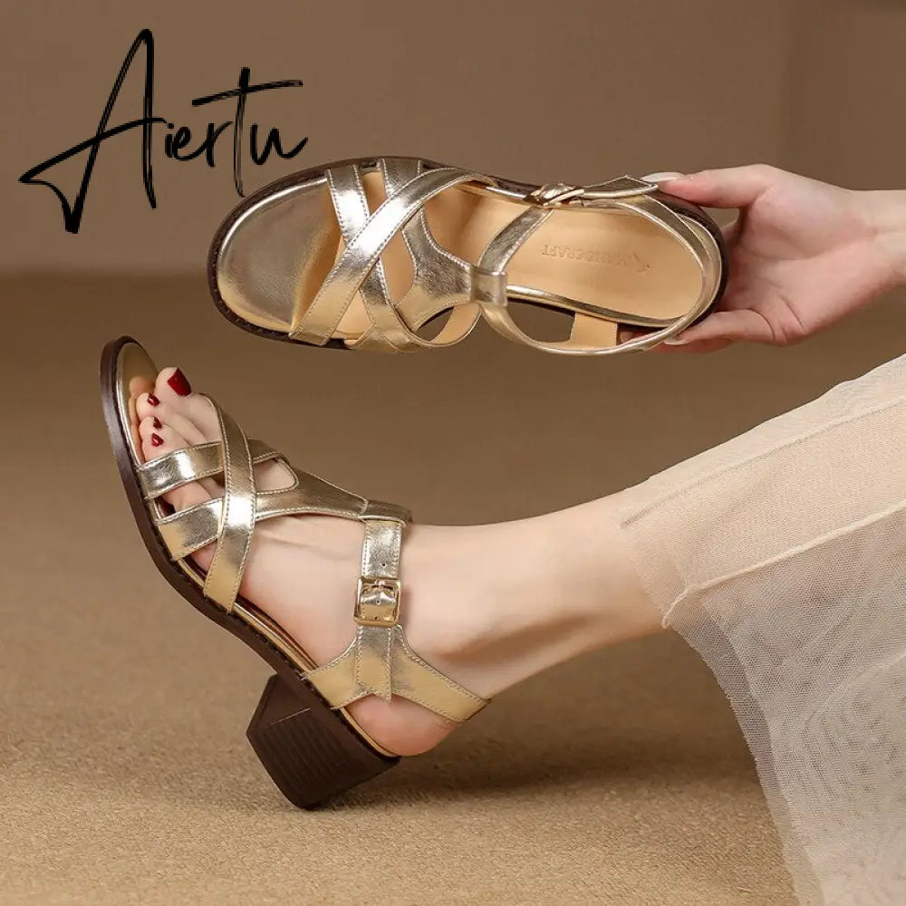 Women Sandals Thick Heels Genuine Leather Ankle Strap Shoes Woman Office Ladies Party Casual Golden Pumps Spring Summer Fashion Aiertu