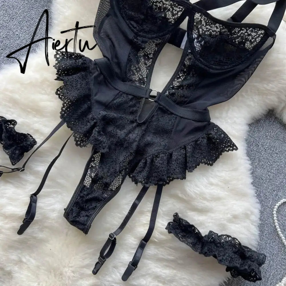 Women Sexy Floral Lace Strappy Bodysuit Fashion One Piece Rompers Lingerie Erotic Tight Embroidery Combination Catsuit Aiertu