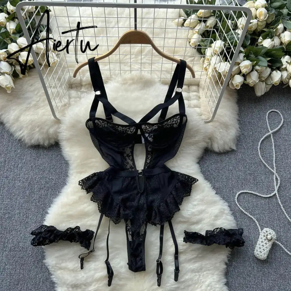 Women Sexy Floral Lace Strappy Bodysuit Fashion One Piece Rompers Lingerie Erotic Tight Embroidery Combination Catsuit Aiertu