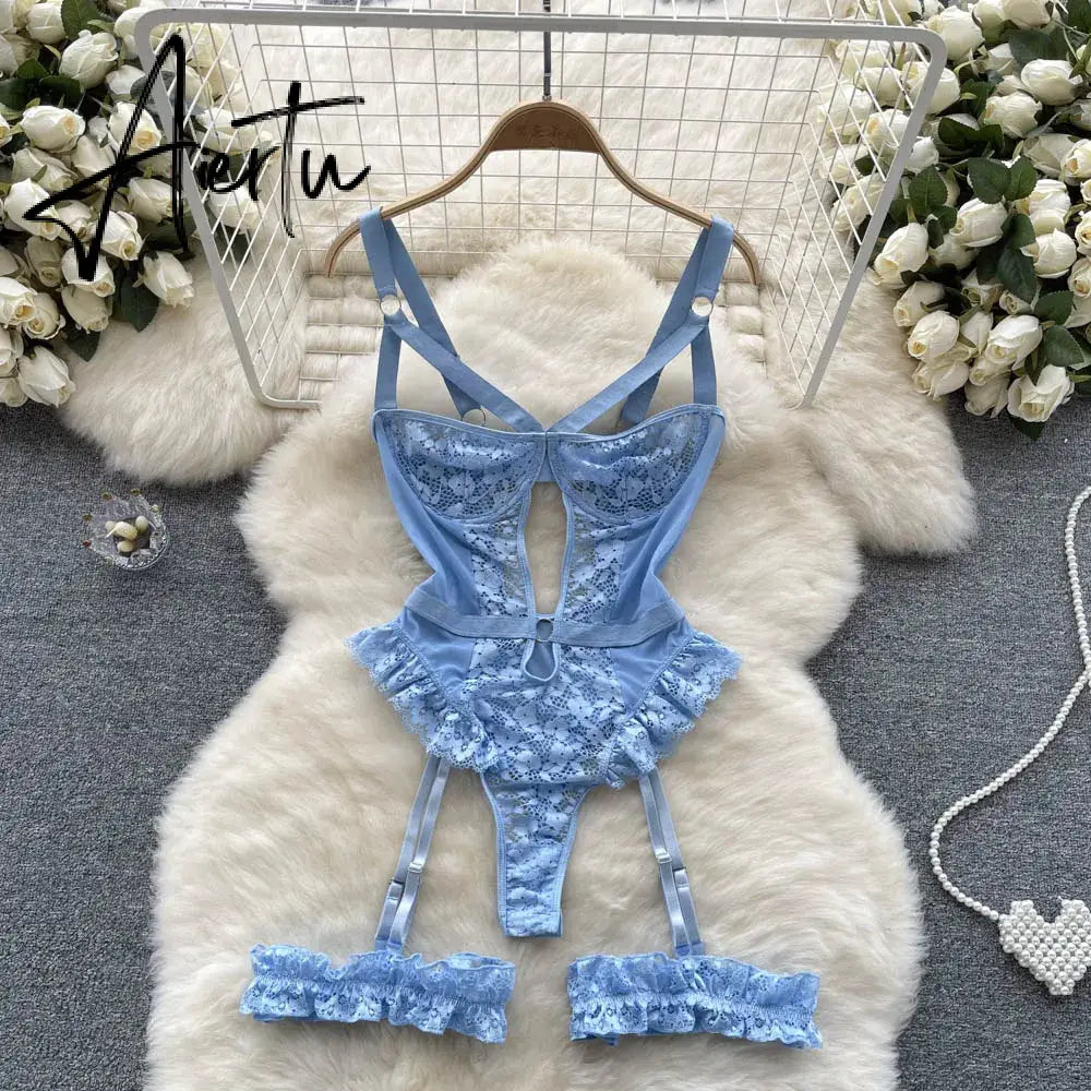 Women Sexy Floral Lace Strappy Bodysuit Fashion One Piece Rompers Lingerie Erotic Tight Embroidery Combination Catsuit Aiertu