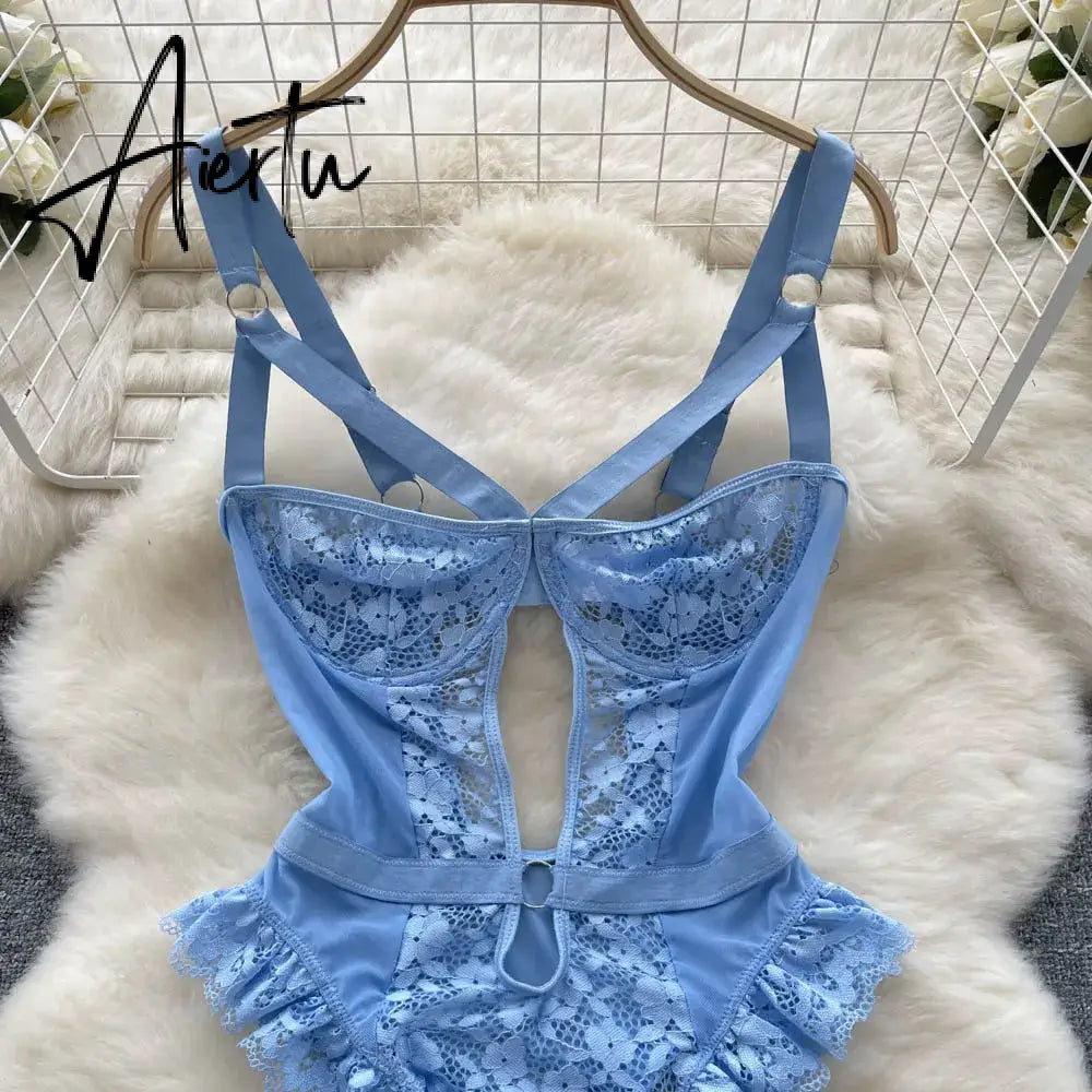 Women Sexy Floral Lace Strappy Bodysuit Fashion One Piece Rompers Lingerie Erotic Tight Embroidery Combination Catsuit Aiertu