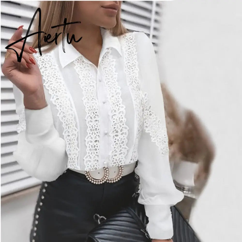 Women Sexy Lace Patchwork Hollow Out T-Shirt Long Sleeve Crew Neck Button Mesh Design Tops Spring Fashion White Vintage T Shirts Aiertu