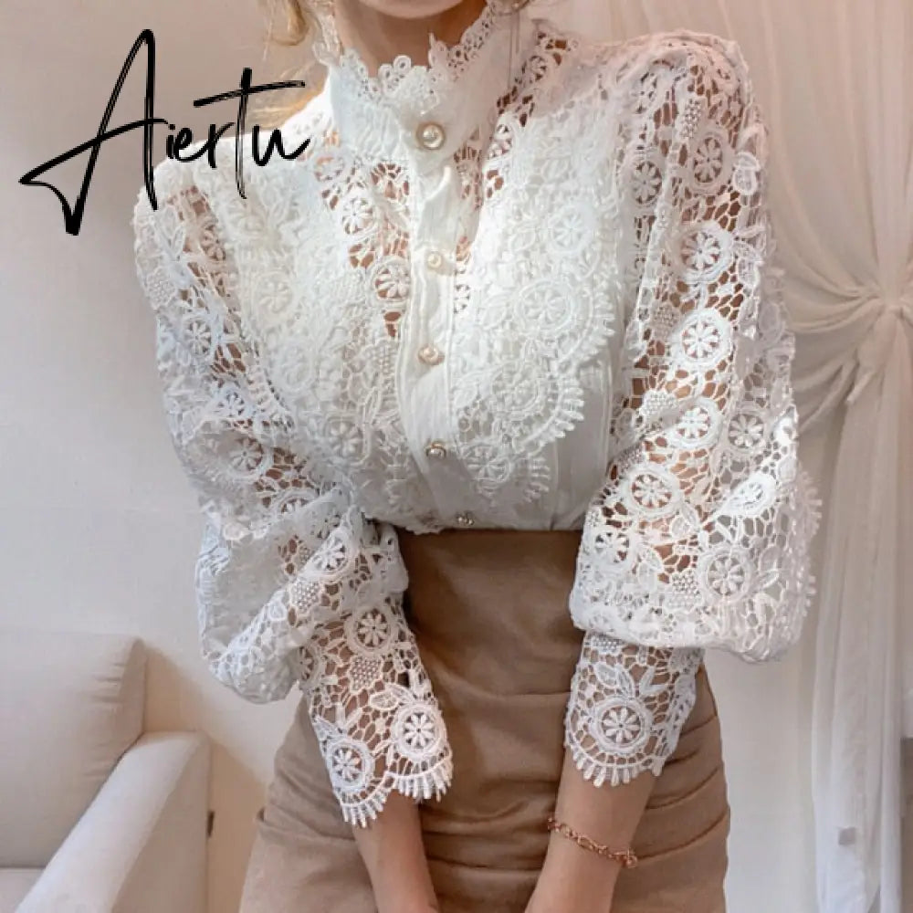 Women Sexy Lace Patchwork Hollow Out T-Shirt Long Sleeve Crew Neck Button Mesh Design Tops Spring Fashion White Vintage T Shirts Aiertu
