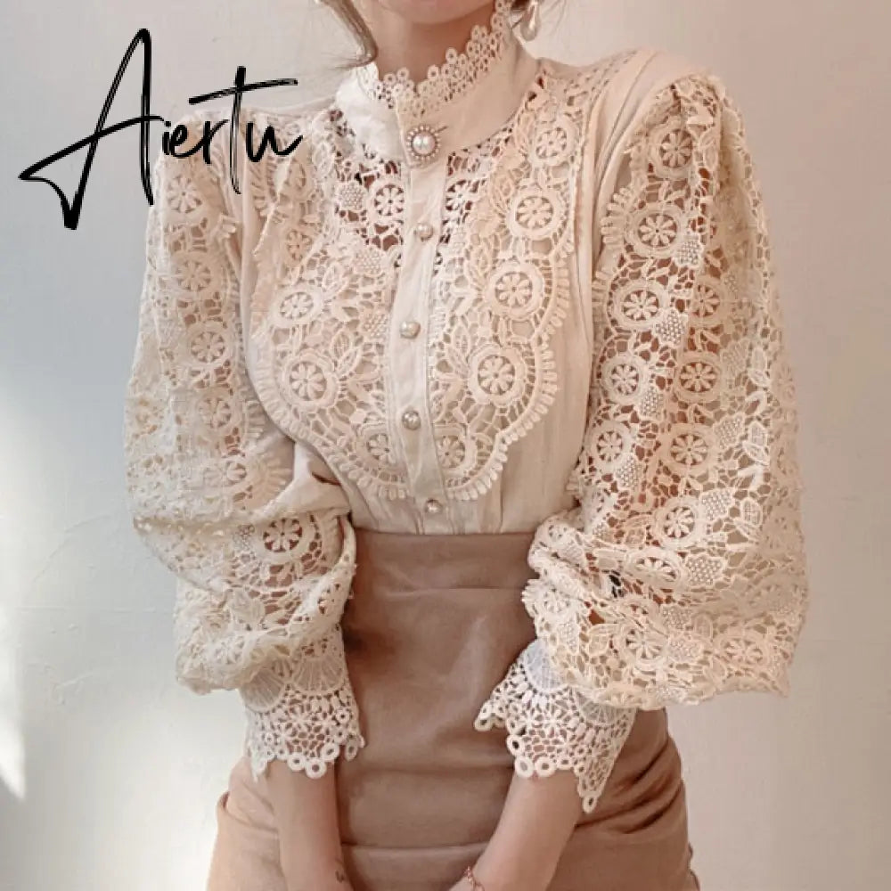 Women Sexy Lace Patchwork Hollow Out T-Shirt Long Sleeve Crew Neck Button Mesh Design Tops Spring Fashion White Vintage T Shirts Aiertu