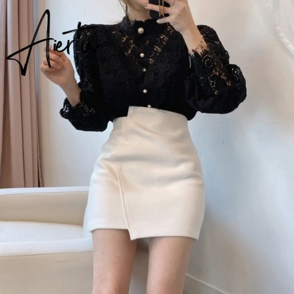 Women Sexy Lace Patchwork Hollow Out T-Shirt Long Sleeve Crew Neck Button Mesh Design Tops Spring Fashion White Vintage T Shirts Aiertu