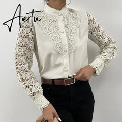 Women Sexy Lace Patchwork Hollow Out T-Shirt Long Sleeve Crew Neck Button Mesh Design Tops Spring Fashion White Vintage T Shirts Aiertu