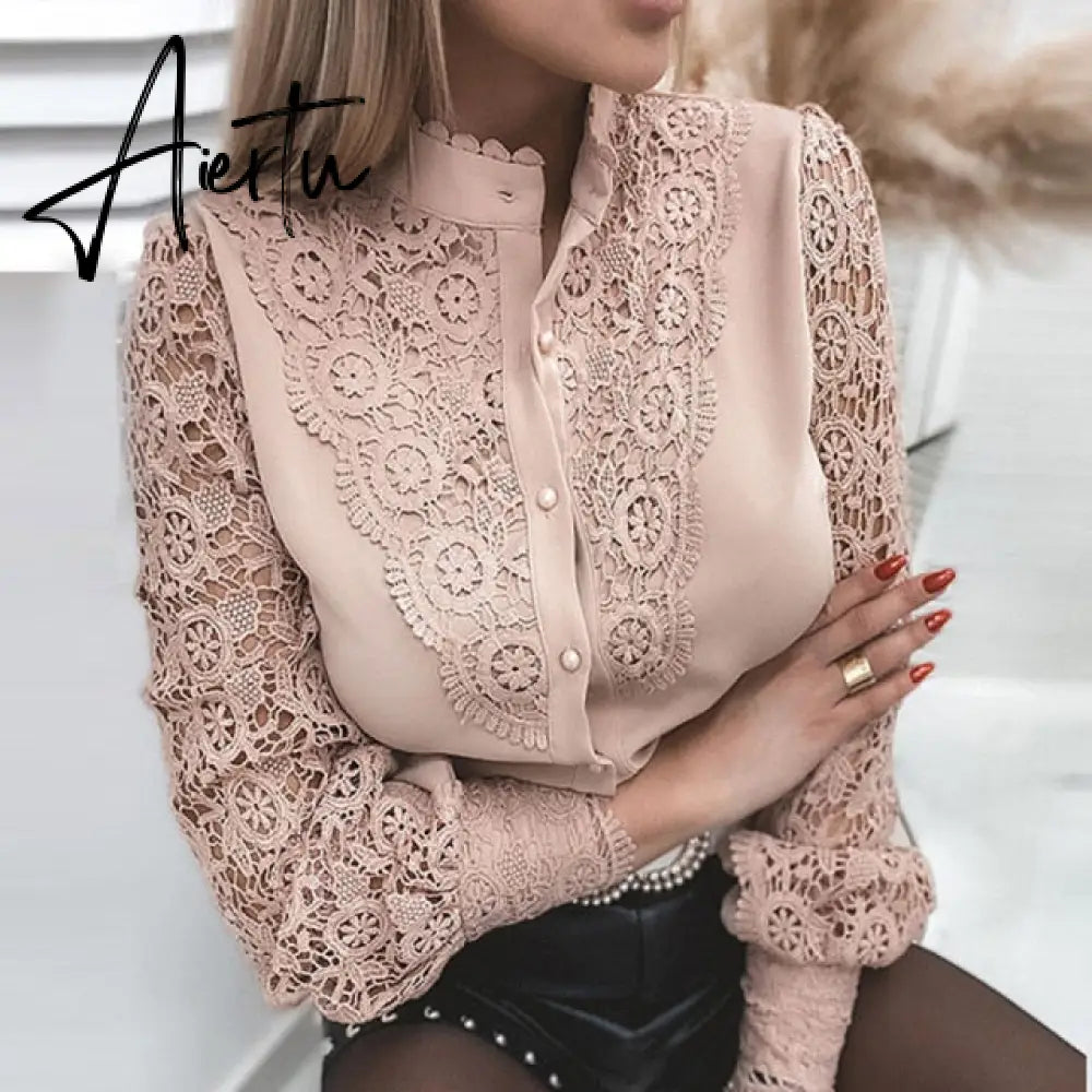 Women Sexy Lace Patchwork Hollow Out T-Shirt Long Sleeve Crew Neck Button Mesh Design Tops Spring Fashion White Vintage T Shirts Aiertu