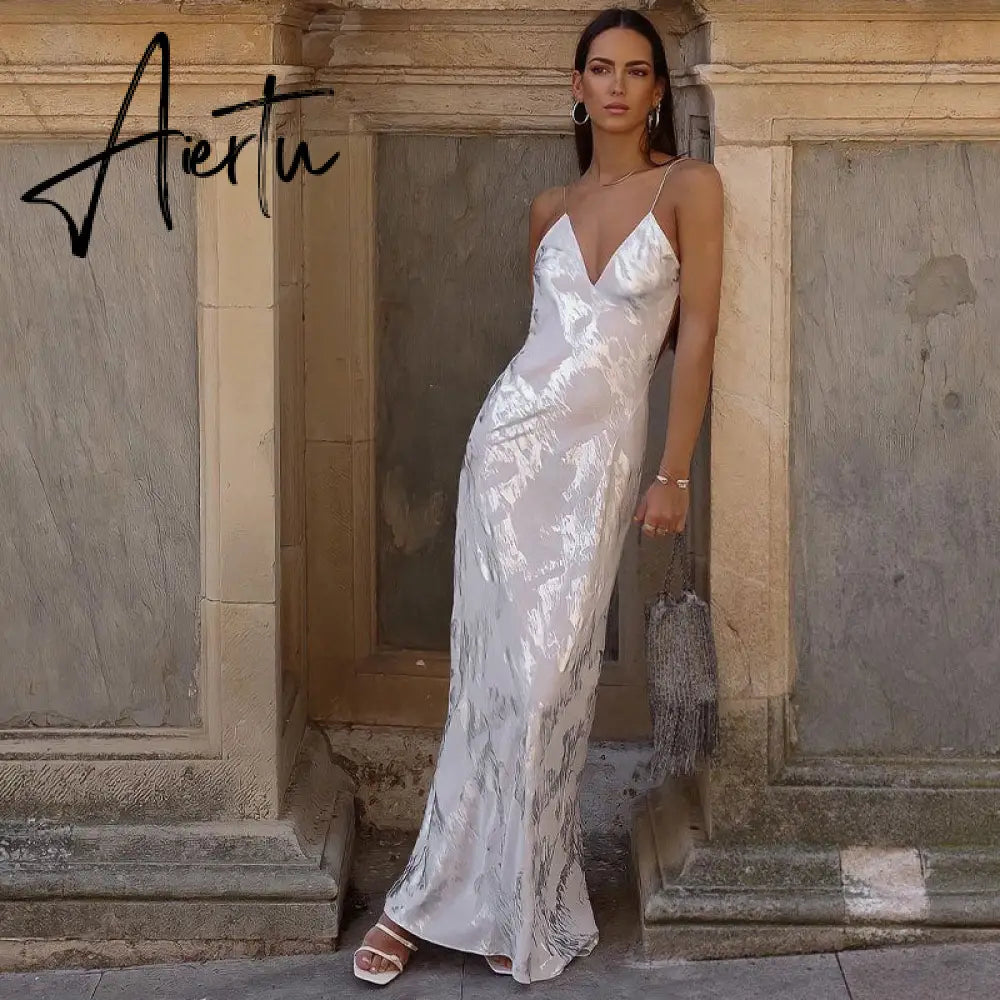 Women Sexy Lace Spaghetti Strap Dress Sleeveless Backless V-neck Maxi Dresses Summer Elegant Female Party Vacation Vestidos Aiertu