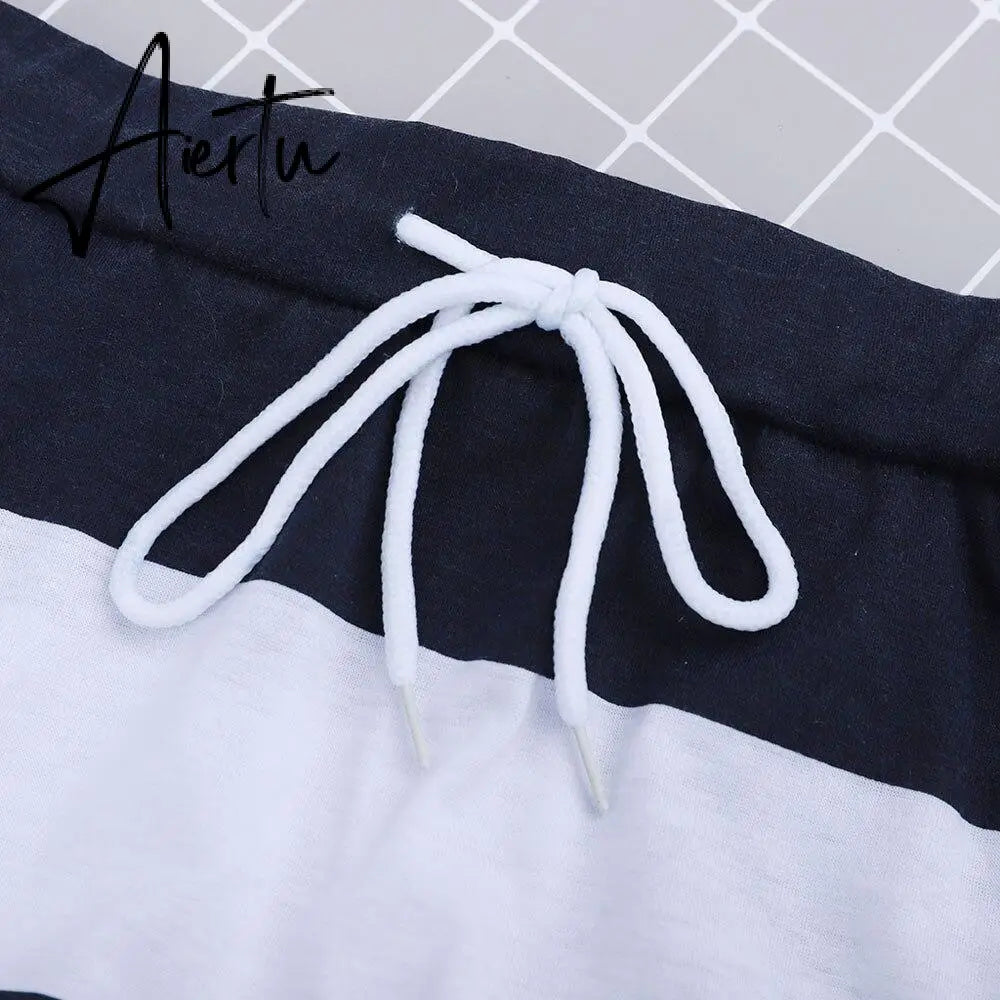 Women Sexy Off Shoulder Dress Summer Casual 2 Piece Set Dresses Hope Boat Anchor Print Slash Neck T-Shirt Top Striped Skirt Sets Aiertu