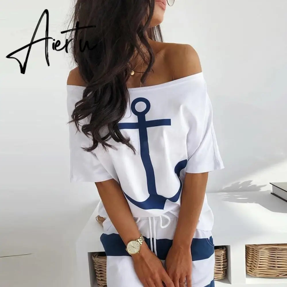 Women Sexy Off Shoulder Dress Summer Casual 2 Piece Set Dresses Hope Boat Anchor Print Slash Neck T-Shirt Top Striped Skirt Sets Aiertu