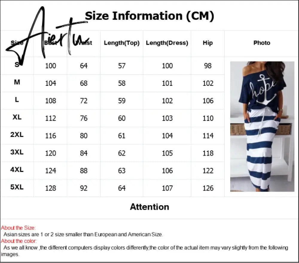 Women Sexy Off Shoulder Dress Summer Casual 2 Piece Set Dresses Hope Boat Anchor Print Slash Neck T-Shirt Top Striped Skirt Sets Aiertu
