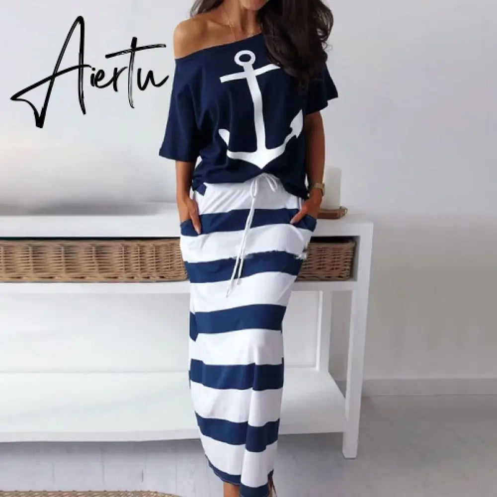 Women Sexy Off Shoulder Dress Summer Casual 2 Piece Set Dresses Hope Boat Anchor Print Slash Neck T-Shirt Top Striped Skirt Sets Aiertu