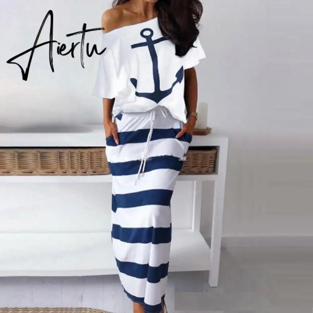 Women Sexy Off Shoulder Dress Summer Casual 2 Piece Set Dresses Hope Boat Anchor Print Slash Neck T-Shirt Top Striped Skirt Sets Aiertu