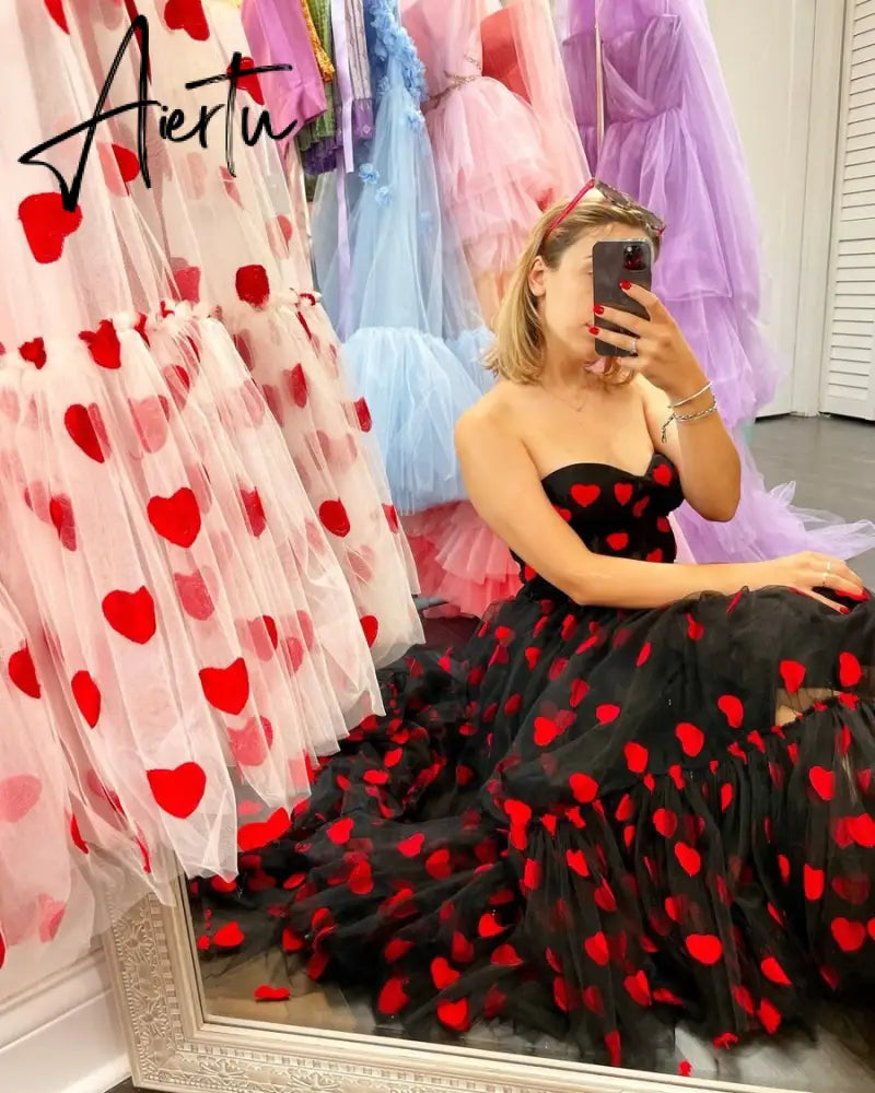 Women Sexy Off Shoulder Heart Print Tulle Dress Sleeveless High Waist Mesh Stitching Ruffle Hem Puffy Dress for Valentine's Day Aiertu
