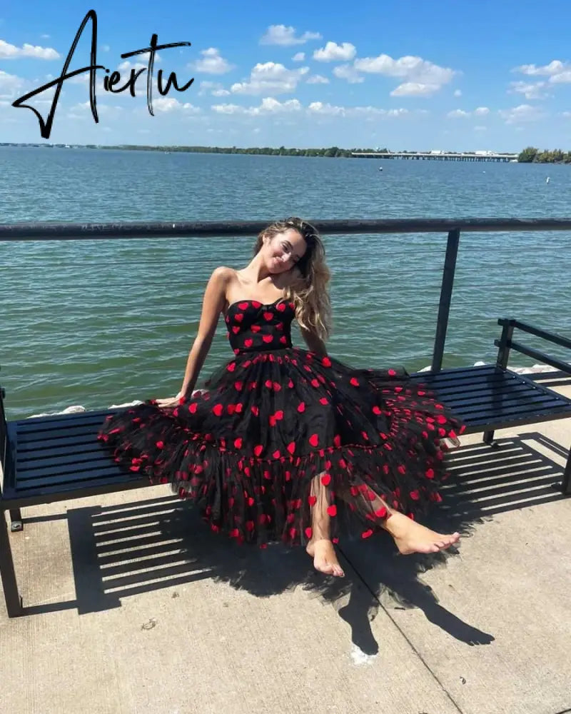 Women Sexy Off Shoulder Heart Print Tulle Dress Sleeveless High Waist Mesh Stitching Ruffle Hem Puffy Dress for Valentine's Day Aiertu