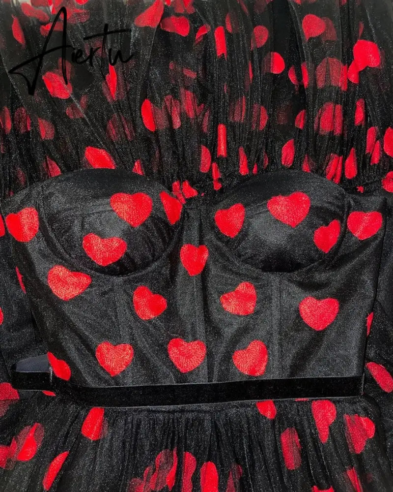 Women Sexy Off Shoulder Heart Print Tulle Dress Sleeveless High Waist Mesh Stitching Ruffle Hem Puffy Dress for Valentine's Day Aiertu