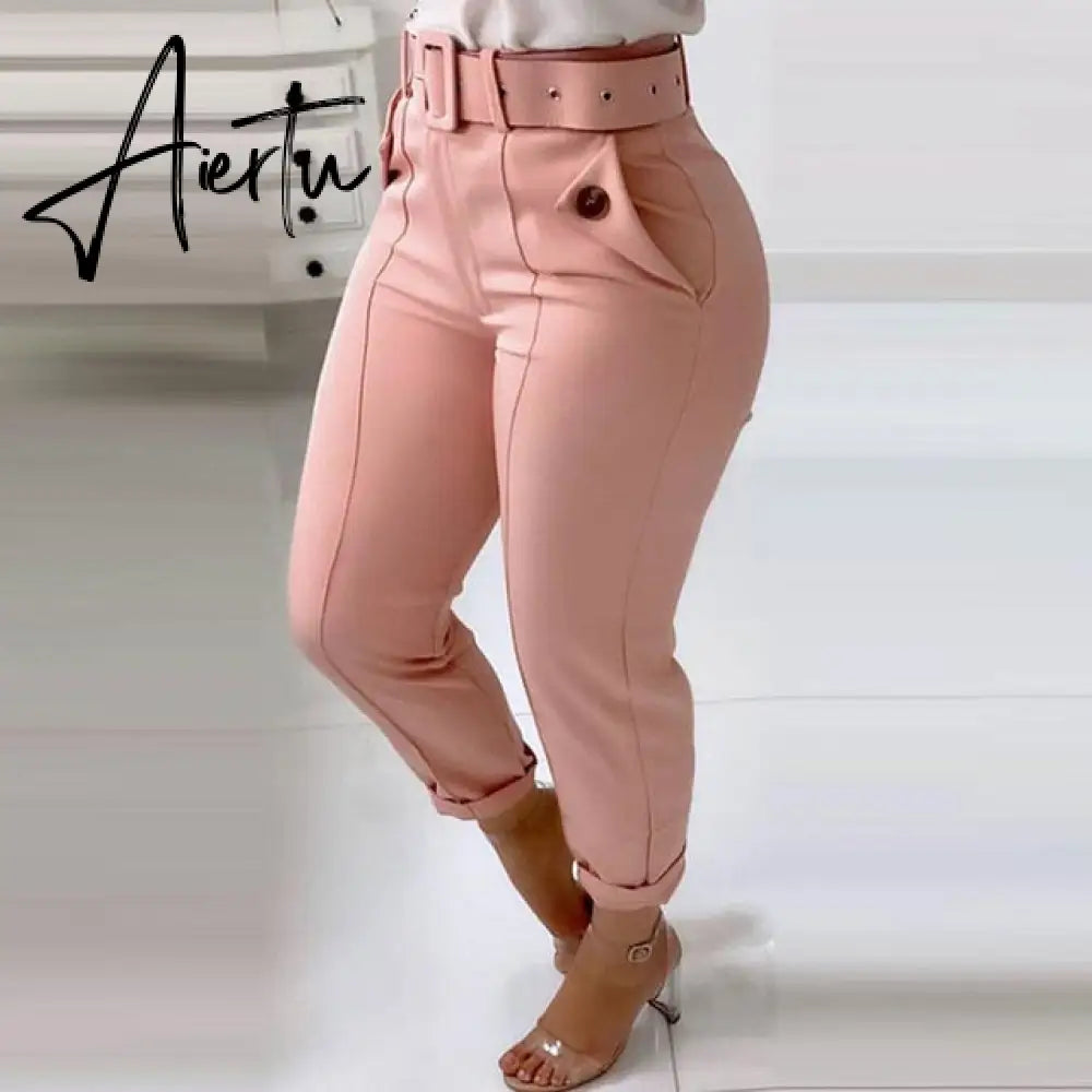 Women Sexy Skinny Trousers Fashion Elegant Solid Color High Waist Button Pants For Ladies Casual Harajuku Pant With Belts Aiertu