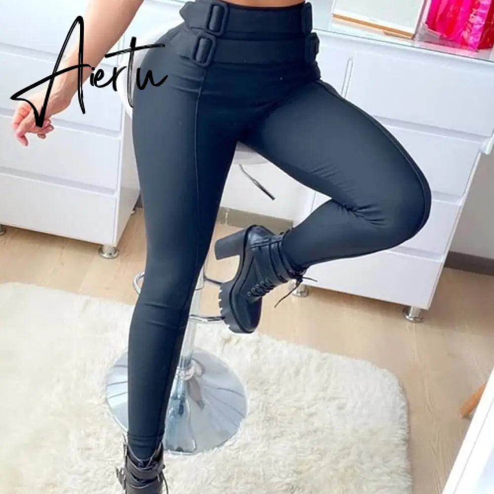 Women Sexy Skinny Trousers Fashion Elegant Solid Color High Waist Button Pants For Ladies Casual Harajuku Pant With Belts Aiertu