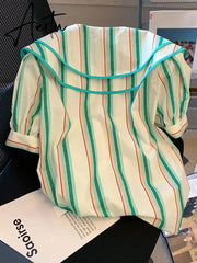 Women Shirts Colorful Stripes Peter Pan Collar Blouses Single Breasted Short Sleeve Cute Tops Casual Summer Girls Clothes Aiertu