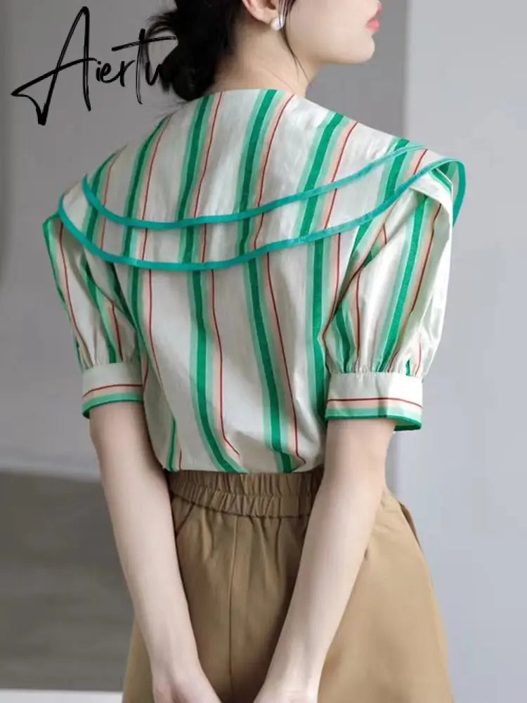 Women Shirts Colorful Stripes Peter Pan Collar Blouses Single Breasted Short Sleeve Cute Tops Casual Summer Girls Clothes Aiertu