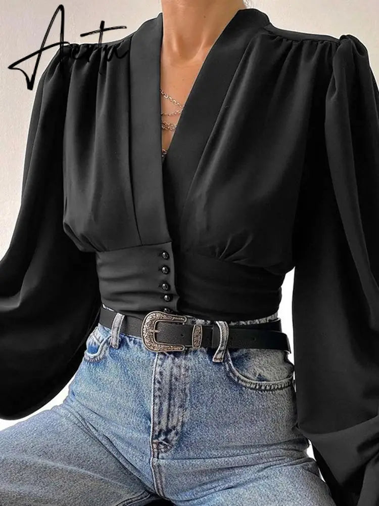 Women Shirts  Fashion Lantern Long Sleeve Elegant Blouse Summer Sexy V-neck Tunic Top Casual Party High Street Blusas Aiertu