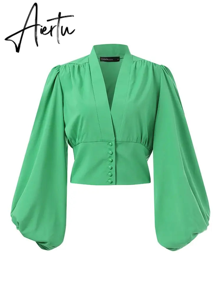 Women Shirts  Fashion Lantern Long Sleeve Elegant Blouse Summer Sexy V-neck Tunic Top Casual Party High Street Blusas Aiertu