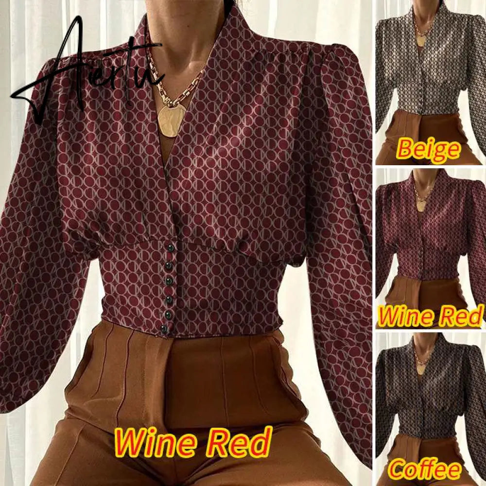 Women Shirts  Fashion Lantern Long Sleeve Elegant Blouse Summer Sexy V-neck Tunic Top Casual Party High Street Blusas Aiertu