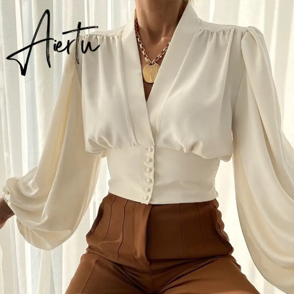 Women Shirts  Fashion Lantern Long Sleeve Elegant Blouse Summer Sexy V-neck Tunic Top Casual Party High Street Blusas Aiertu