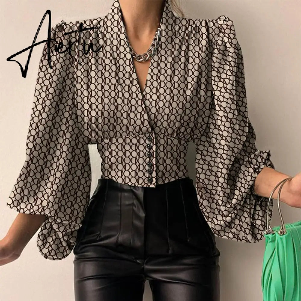 Women Shirts  Fashion Lantern Long Sleeve Elegant Blouse Summer Sexy V-neck Tunic Top Casual Party High Street Blusas Aiertu