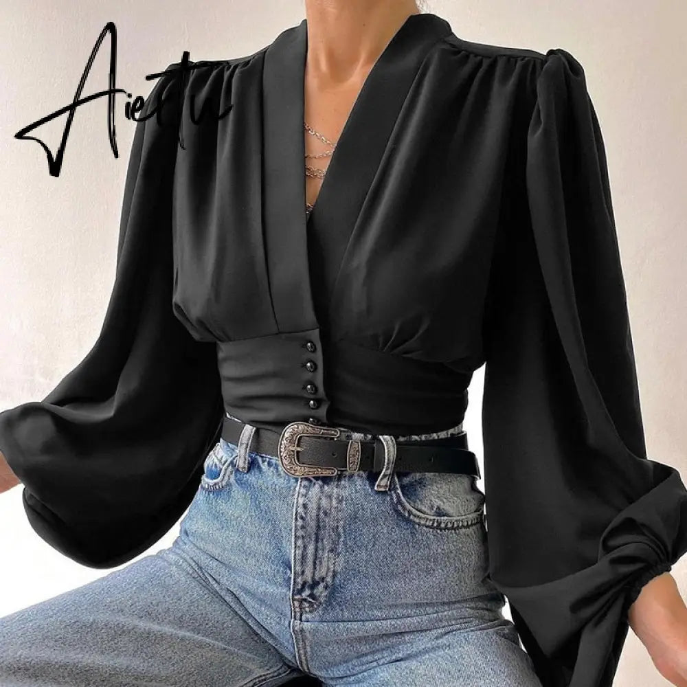 Women Shirts  Fashion Lantern Long Sleeve Elegant Blouse Summer Sexy V-neck Tunic Top Casual Party High Street Blusas Aiertu