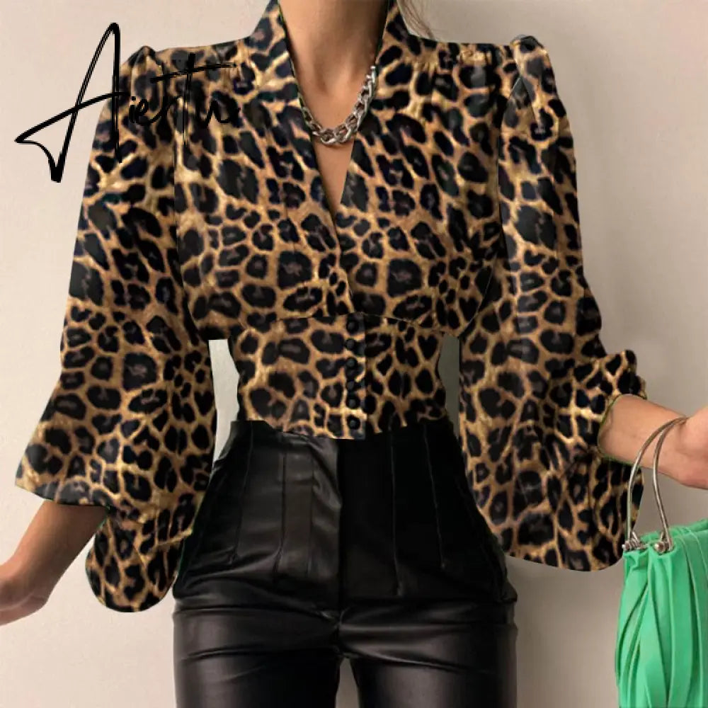 Women Shirts  Fashion Lantern Long Sleeve Elegant Blouse Summer Sexy V-neck Tunic Top Casual Party High Street Blusas Aiertu