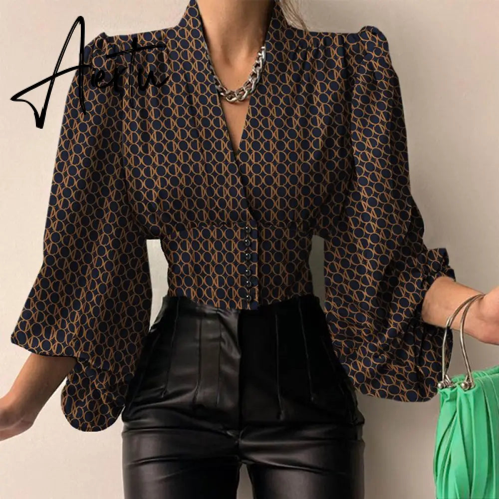 Women Shirts  Fashion Lantern Long Sleeve Elegant Blouse Summer Sexy V-neck Tunic Top Casual Party High Street Blusas Aiertu
