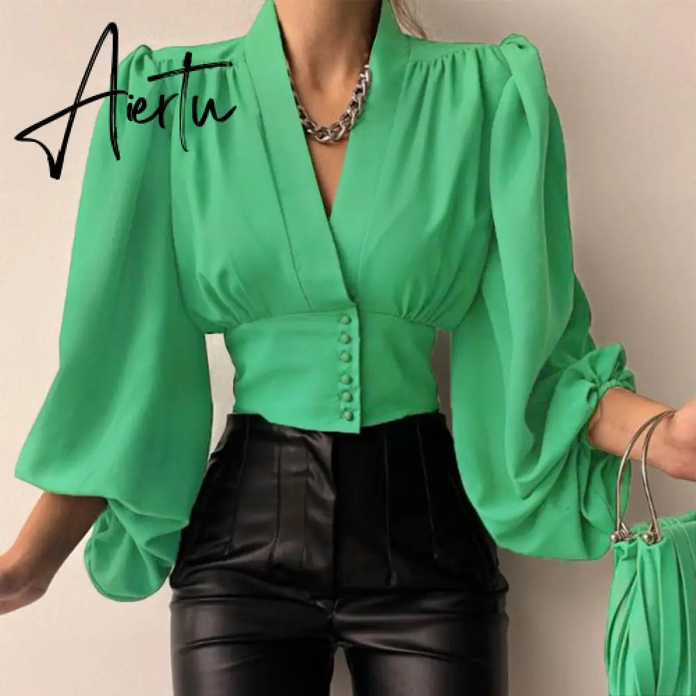 Women Shirts  Fashion Lantern Long Sleeve Elegant Blouse Summer Sexy V-neck Tunic Top Casual Party High Street Blusas Aiertu